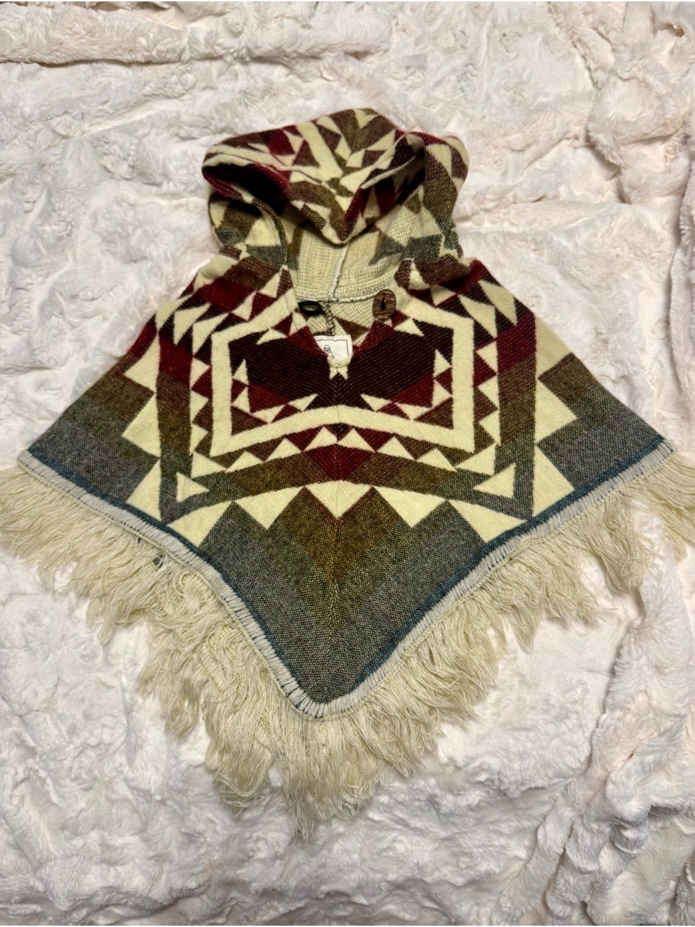 The Little Poncho- Hooded Geometric Fringe Poncho in Cream, Olive & Burgundy